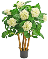 Den Kunstige Hortensia UV 85 cm hvid er en kunstig plante i en potte med kraftige brune stængler, store grønne blade og klaser af hvide hortensia-lignende blomster øverst.