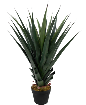 Den kunstige plante Agava Pandora UV 85 cm har lange, spidse grønne blade med rødlige spidser, i en sort potte mod en almindelig hvid baggrund.