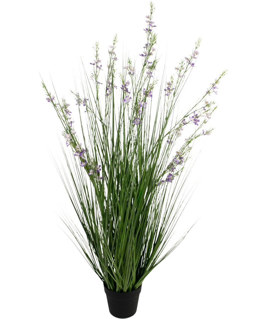 Artificial Grass Hirse-Onion Grass Bonsai 120 cm brandhæmmende middel har høje, tynde grønne græslignende blade og lange stængler med sarte lilla blomster i en sort potte, mod en hvid baggrund.