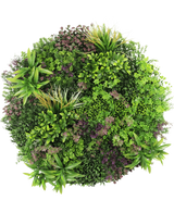 Et topbillede af den kunstige hæk på sort ramme Ø100 cm viser en frodig, tæt udstilling af grønne og lilla bladplanter arrangeret i et cirkulært mønster på en hvid baggrund.