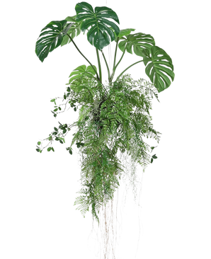 Den kunstige hængeplante Monstera/Fern Ball 100 cm XL har frodige grønne monstera-blade og bregner med lange, slæbende ranker og rødder, perfekt til at tilføje grønt til ethvert rum mod en hvid baggrund.