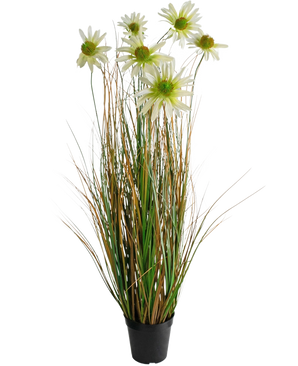 Kunstgræs Chrysanthemum Onion Pot 90cm brandhæmmende er en kunstig plante i en potte med lange grønne og brune græslignende blade, toppet med hvide tusindfryd blomster med et gult hjerte.
