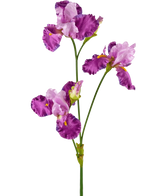 Artificial Flower Iris 102 cm lilla har en lang grøn stilk dekoreret med flere livlige lilla og hvide irisblomster, hver med flæser på kronbladene og gule accenter, mod en almindelig hvid baggrund.