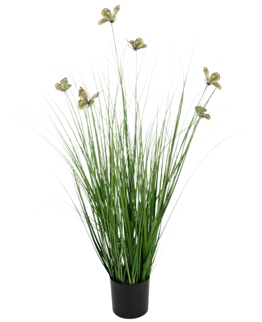 Artificial Grass Butterfly Onion Grass Pot 90cm Brandhæmmende middel har lange, tynde grønne kunstgræsblade og gullige blomster på lange stængler, præsenteret i en potte mod en almindelig hvid baggrund.