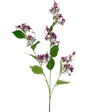 Artificial Flower Wild Hydrangea 86 cm lilla har en enkelt stilk med flere bundter af små lilla blomster og grønne blade, isoleret på en hvid baggrund.