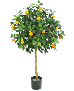 Det kunstige appelsintræ 120 cm fra Easyplants har frodige grønne blade og masser af lys orange frugter, vist i en potte mod en almindelig hvid baggrund.
