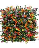 Artificial Hedge Pachysandra multi-color 50x50 cm UV er et firkantet panel med tætte kunstige grønne blade og små orange, pink, gule og lilla blomster for en farverig, livlig lodret haveeffekt.