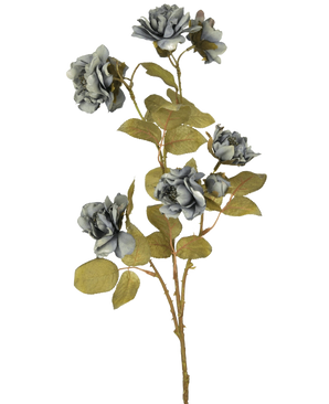 Artificial Rose Nero 68 cm blå har flere grå-blå kunstige roser med grønne blade på slanke brune stængler mod en almindelig hvid baggrund.