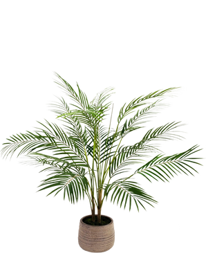 Den kunstige palme Chamaedorea 83 cm har lange, slanke grønne blade og flere stængler i en lysebrun, tekstureret potte mod en almindelig hvid baggrund.