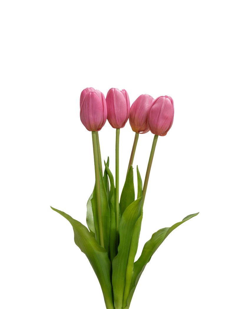Artificial Tulip Bouquet Real Touch Purple 40 cm har fire lilla tulipaner med realistiske grønne blade og stængler, som står oprejst mod en almindelig hvid baggrund.