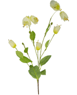 En kunstig blomsterfritillary sommerfugl 94 cm i størrelse med en enkelt grøn stilk, flere hvide klokkeformede blomster og flere grønne blade på en almindelig hvid baggrund.