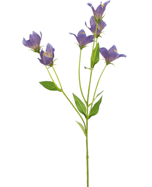 Artificial Flower Harebell 62 cm lilla har en enkelt grøn stilk med flere grene, hver dekoreret med sarte lilla blomster og grønne blade, mod en almindelig hvid baggrund.