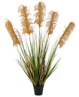 Det kunstige Pampas Græs 120 cm brandhæmmende middel har høje grønne og gule græslignende blade med luftige brune faner. Denne elegante, brandhæmmende kunstige plante tilføjer sofistikering til enhver samling af falske planter mod en hvid baggrund.