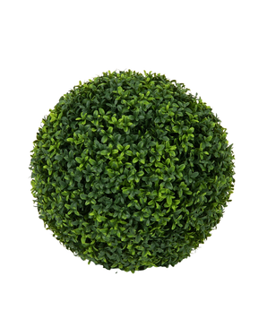 Et topbillede af den kunstige plante Buxus romersk stil UV D40cm, en pænt beskåret, kugleformet kunstig busk med tætte grønne blade mod en almindelig hvid baggrund.