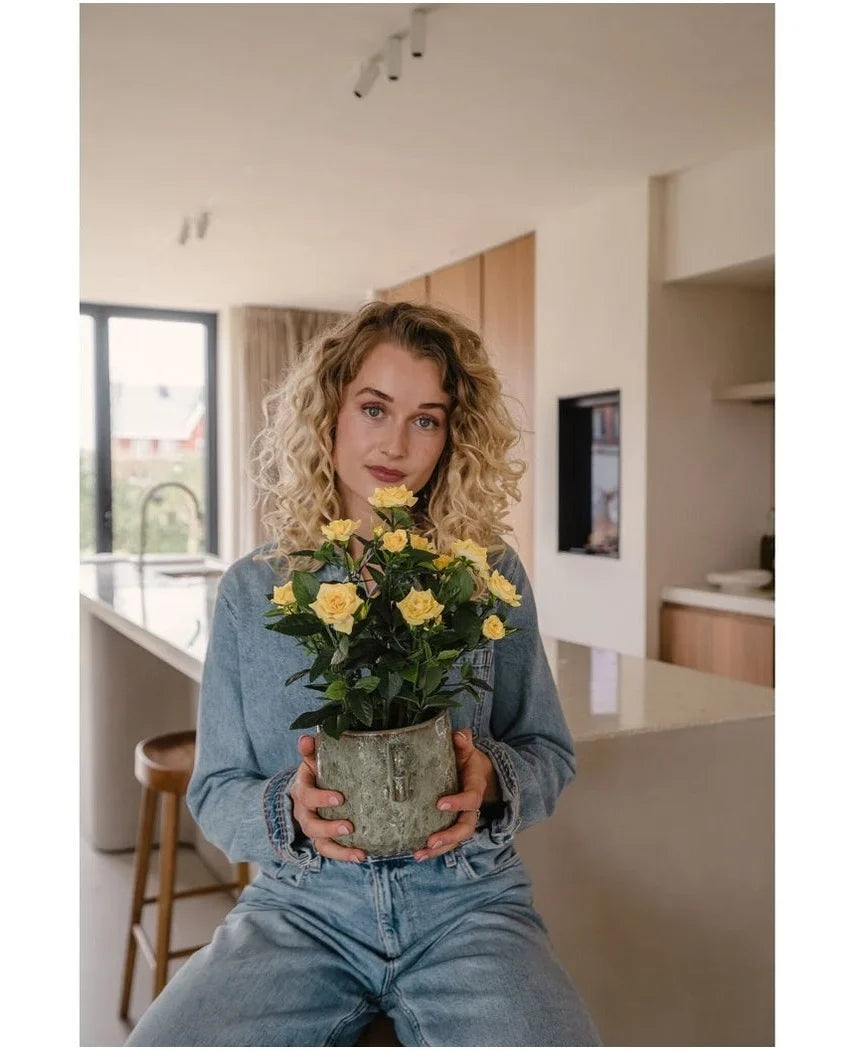 En kvinde med krøllet blond hår, klædt i denimtøj, sidder i et moderne køkken med Artificial Plant Mini Rose UV 35 cm gul i hænderne og kigger direkte ind i kameraet.