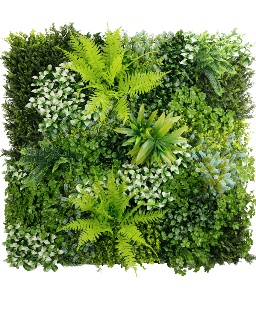 The Artificial Hedge Cloe 100x100 cm UV er en firkantet lodret have med en blanding af frodige grønne planter og bregner med varierede bladformer, størrelser og nuancer for en tæt, struktureret og livlig løvvæg.