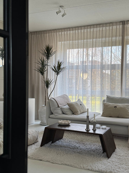 En moderne stue med store vinduer, gennemsigtige gardiner, en hvid sofa med puder, et mørkt træ sofabord med stearinlys og indretning, den kunstige Dracaena Fragnans 180 cm potteplante og et blødt hvidt tæppe. Blødt naturligt lys fylder rummet.