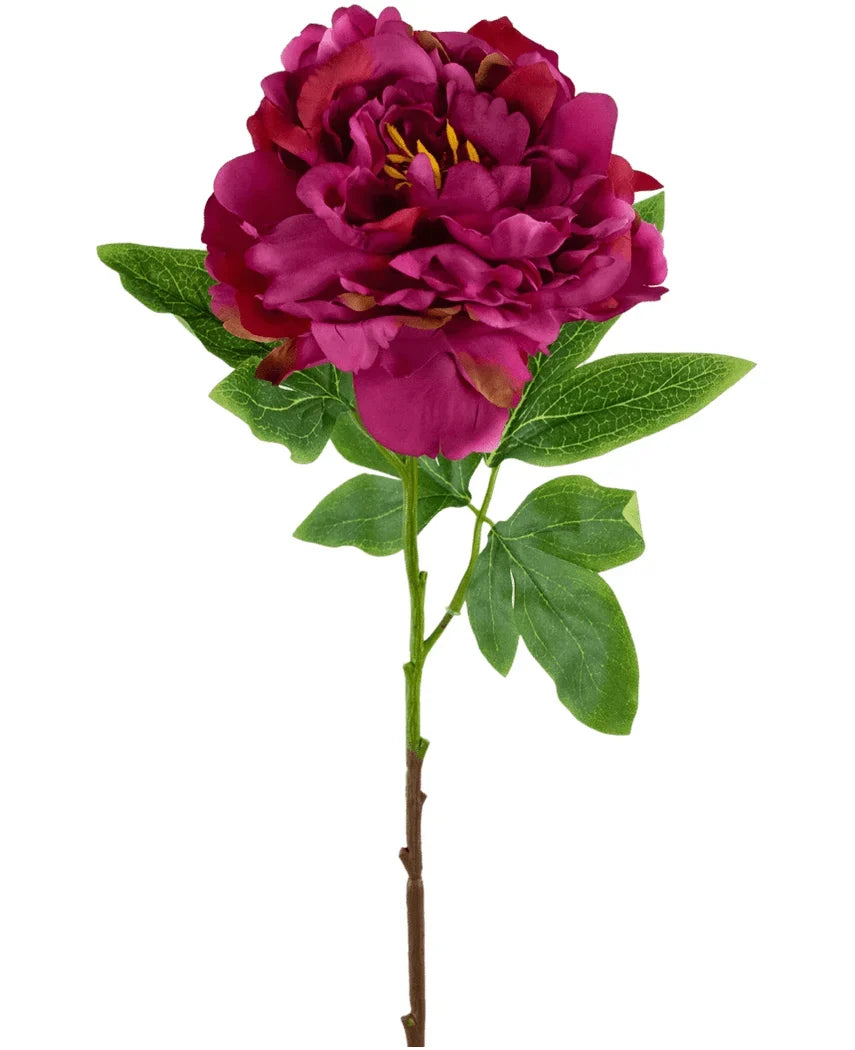 Artificial Flower Peony 61 cm pink er en enkelt kunstig blomst i form af en pæon i mørk pink med lagdelte kronblade og grønne blade på en brun stilk, afbildet mod en hvid baggrund.