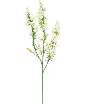De Kunstbloem Catnip 75 cm wit heeft een enkele groene steel met meerdere takken van kleine witte bloemen en geelgroene knoppen, geïsoleerd op een witte achtergrond.