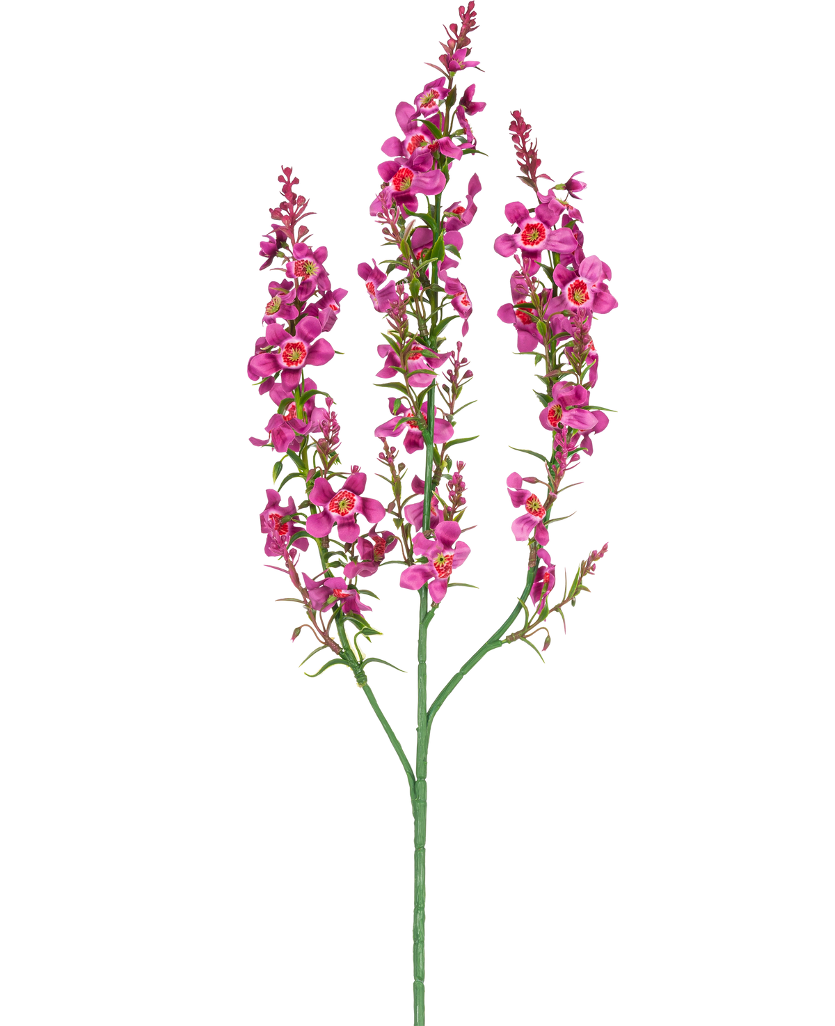 En Artificial Flower Catnip 75 cm lys pink har en enkelt grøn stilk med tre grene, hver med klaser af små, lys pink blomster og grønne blade, mod en almindelig hvid baggrund.