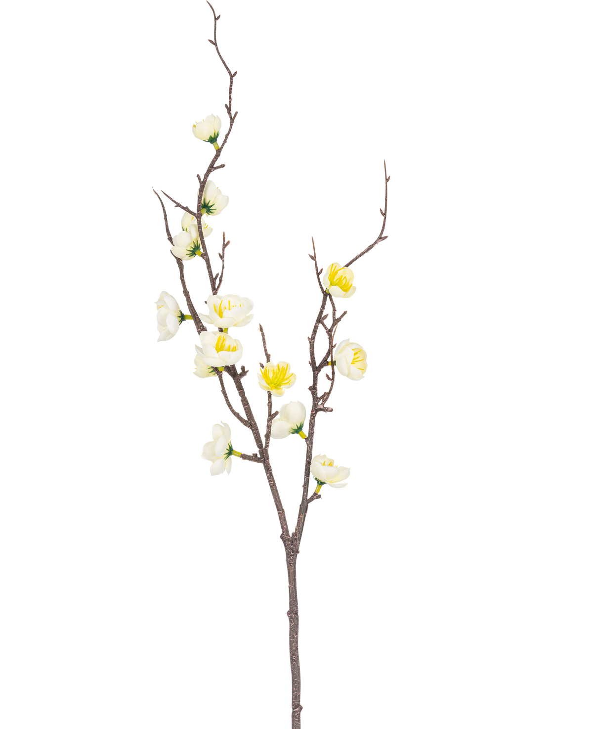 Den kunstige gren Prunus 78 cm hvid har en enkelt brun gren med flere udløbere, dekoreret med små hvide og gule blomster, mod en almindelig hvid baggrund.