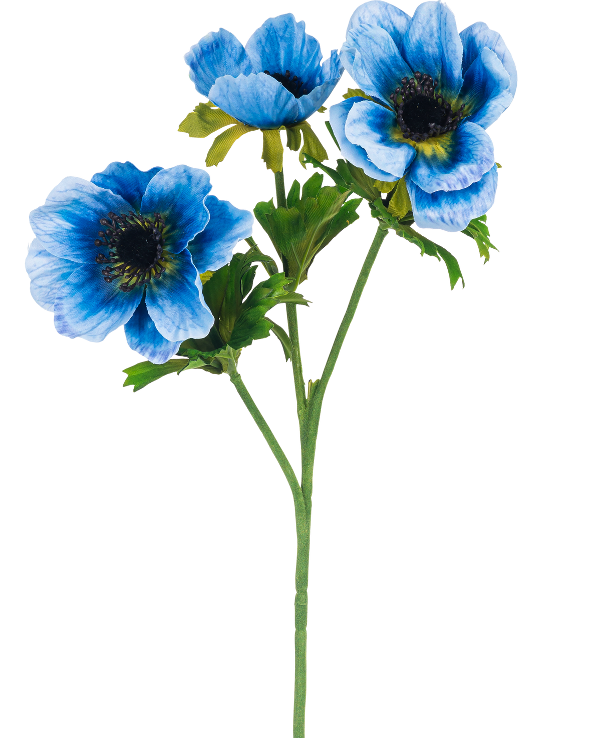 Den kunstige blomsteranemone dobbelt 56 cm blå har en enkelt grøn stilk med tre blå anemoneblomster og flere grønne blade, afbildet mod en almindelig hvid baggrund.