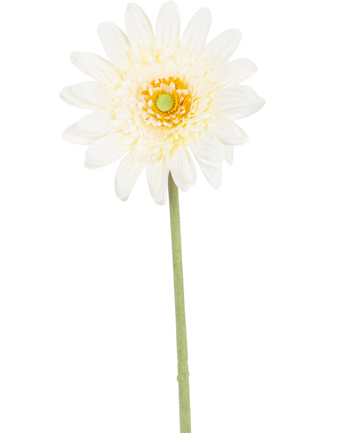 Den kunstige blomst Gerbera 53 cm hvid har en enkelt hvid, tusindfrydlignende blomst med lagdelte kronblade, et gulgrønt hjerte og en lang grøn stilk mod en hvid baggrund.