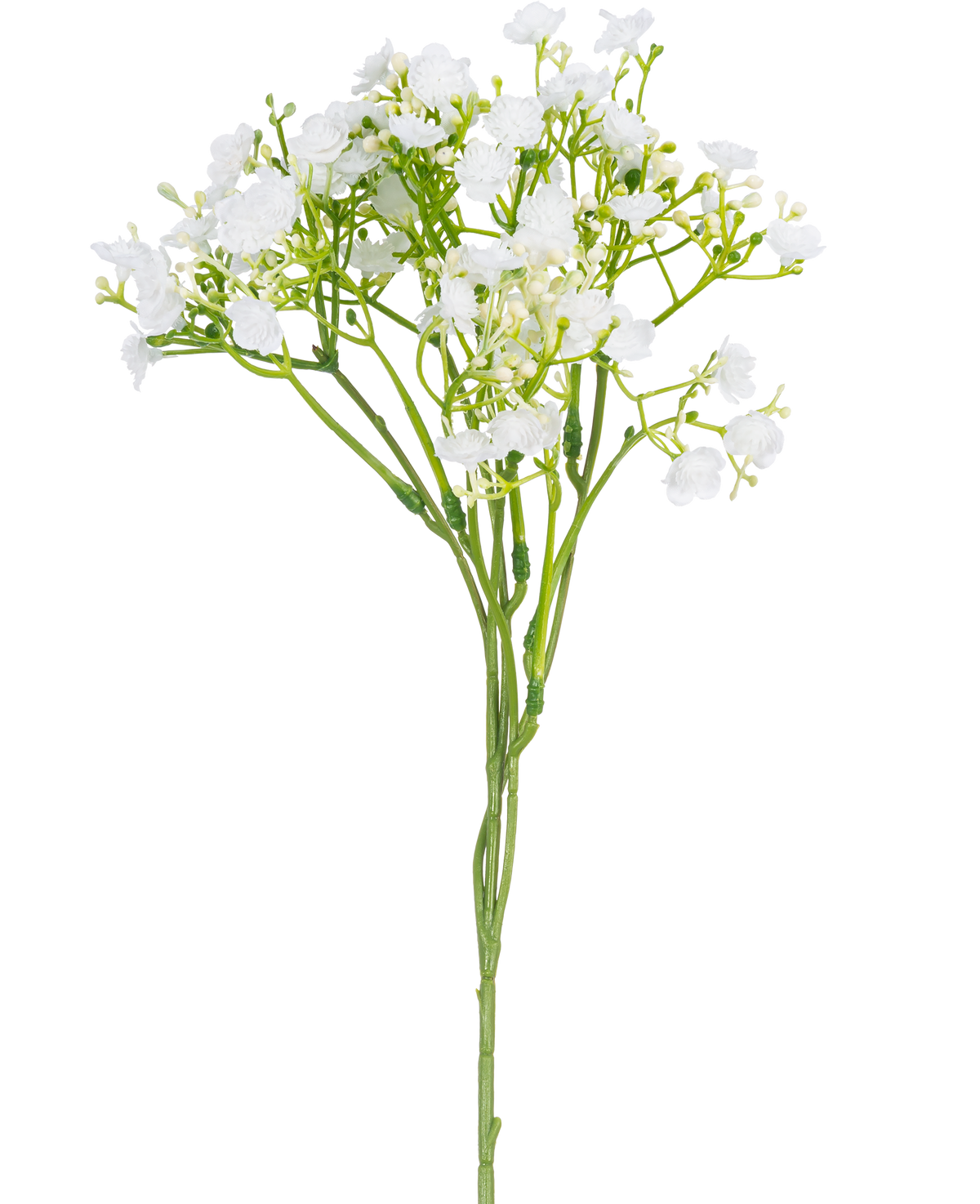 En enkelt kunstig gren af ​​Baby's Breath måler 46 cm med små, sarte hvide blomster og grønne stængler mod en almindelig hvid baggrund.