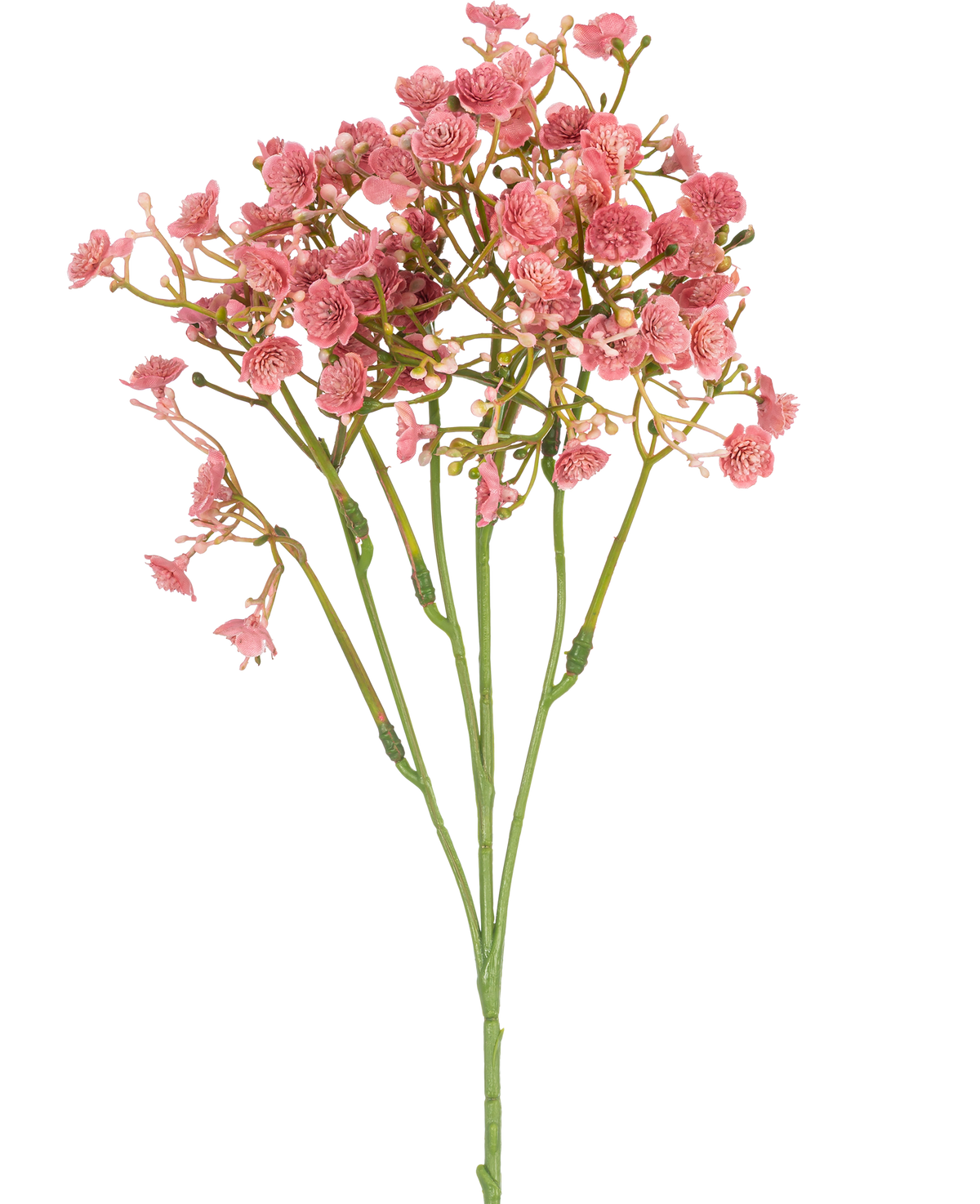 Artificial Gypsophila Branch 48 cm vintage pink har en enkelt grøn stilk med flere tynde grene, hver dekoreret med bundter af små, runde lyserøde blomster, alt sammen mod en almindelig hvid baggrund.