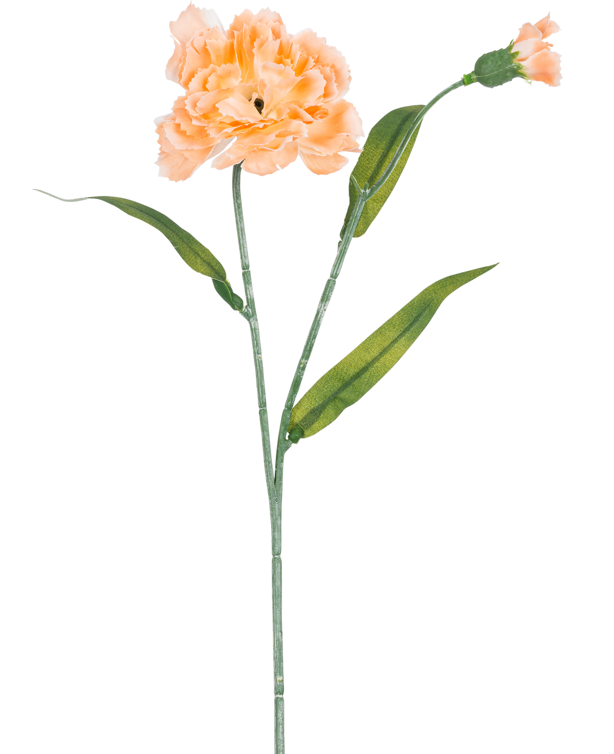 Den Kunstige Blomsternelliker 40 cm fersken er en kunstig nellike i lys fersken med grønne blade og en lille uåbnet knop, afbildet på hvid baggrund.