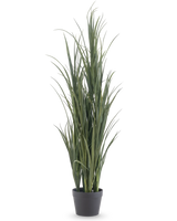 Artificial Grass Green UV 120cm er en høj kunstgræsplante med lange, slanke grønne blade i en enkel sort potte, mod en almindelig hvid baggrund.