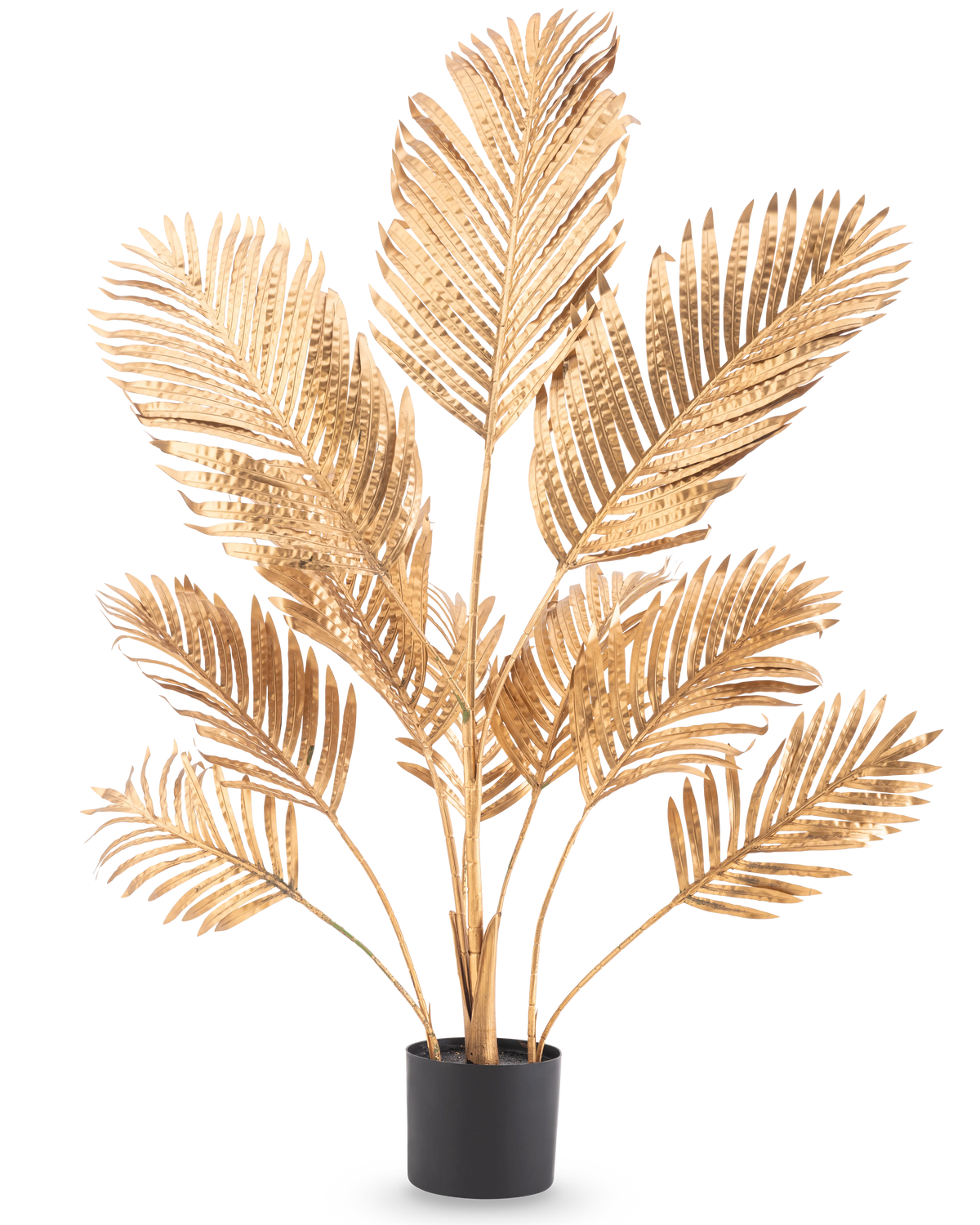 Artificial Palm Areca guld 120 cm har metalliske guld palmeblade i en sort potte, mod en almindelig hvid baggrund.