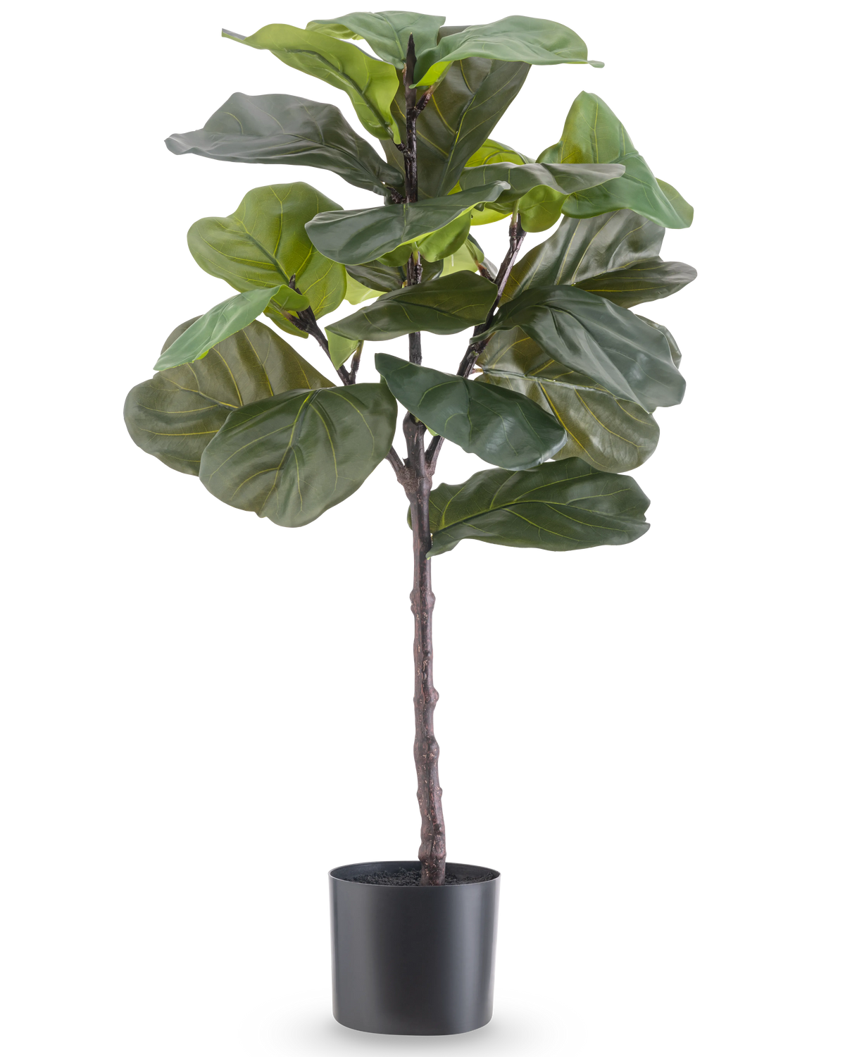 Artificial Plant Ficus Tobacco Plant Deluxe 90 cm er en høj kunstig stueplante med store, blanke grønne blade i en sort potte, afbildet mod en almindelig hvid baggrund.