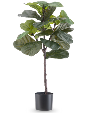 De Kunstplant Ficus Tabaksplant Deluxe 90 cm is een hoge kunstkamerplant met grote, glanzend groene bladeren in een zwarte pot, afgebeeld tegen een effen witte achtergrond.