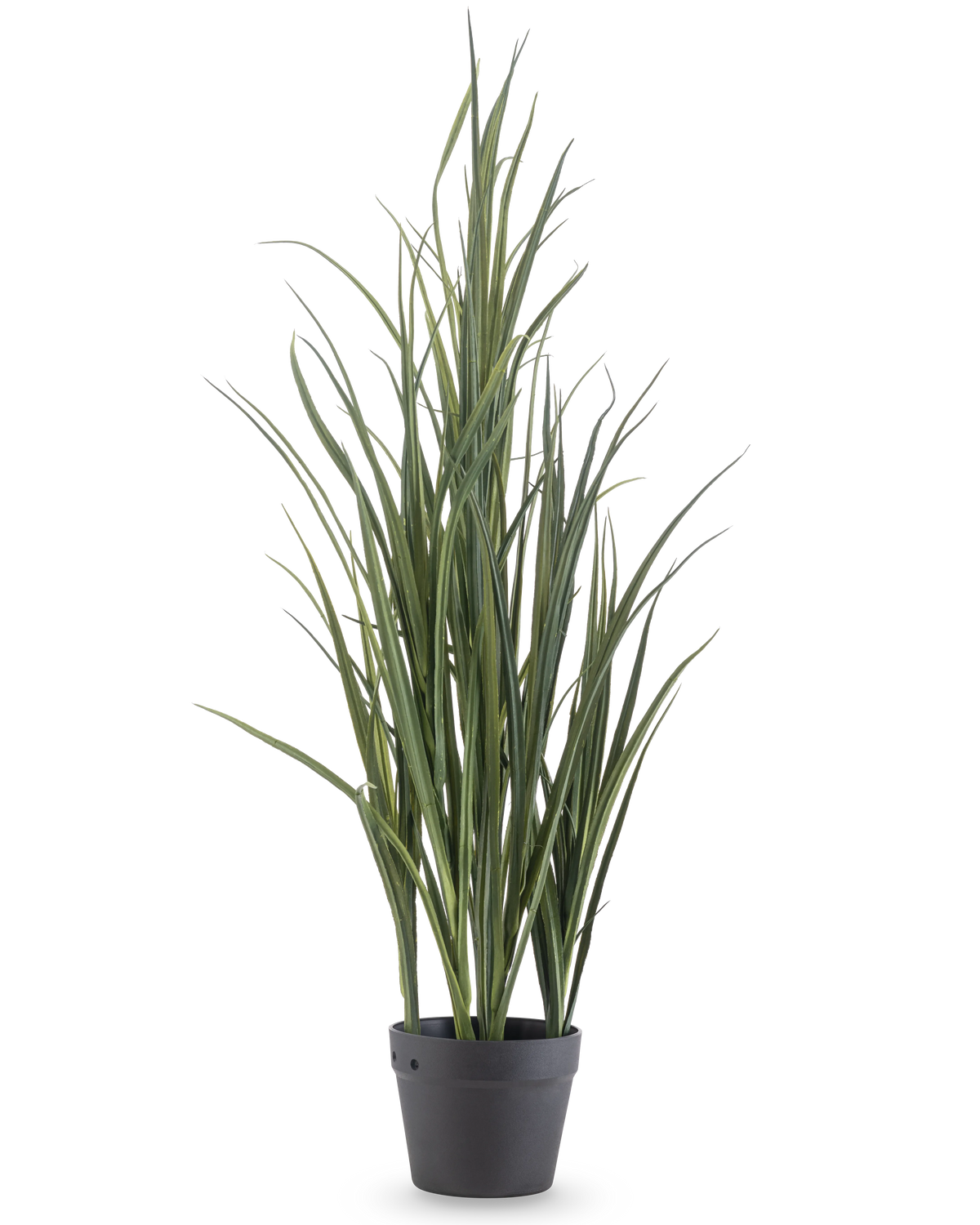 Artificial Grass Green UV 90cm er en høj kunstig plante med lange, slanke grønne blade, der står oprejst i en mørkegrå potte på en almindelig hvid baggrund.