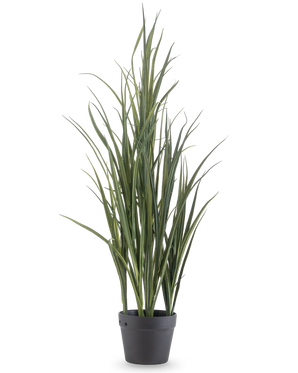 Artificial Grass Green UV 90cm er en høj kunstig plante med lange, slanke grønne blade, der står oprejst i en mørkegrå potte på en almindelig hvid baggrund.