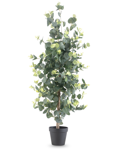 Kunstig plante Eucalyptus 91 cm med runde grønne blade og små gule accenter i en sort potte, vist mod en almindelig hvid baggrund.