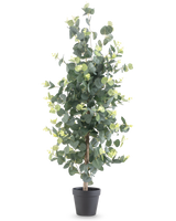 Den kunstige planteeukalyptus 91 cm har høje, realistiske runde grønne blade og små gule knopper i en sort potte, mod en almindelig hvid baggrund.