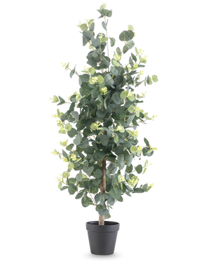 Den kunstige planteeukalyptus 91 cm har høje, realistiske runde grønne blade og små gule knopper i en sort potte, mod en almindelig hvid baggrund.