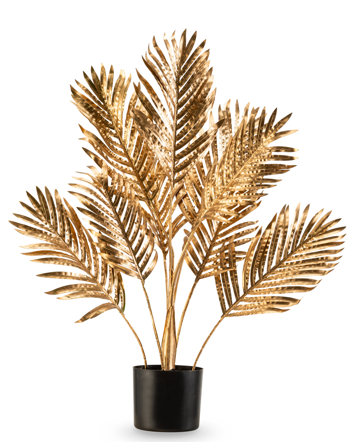 Artificial Palm Areca guld 80 cm er en dekorativ potteplante med metalliske guld palmeblade i en sort potte, mod en almindelig hvid baggrund.