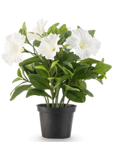 Artificial Flower Petunia-planten UV 25 cm høj har store hvide trompetformede blomster og frodige grønne blade i en sort plastikpotte, mod en almindelig hvid baggrund.