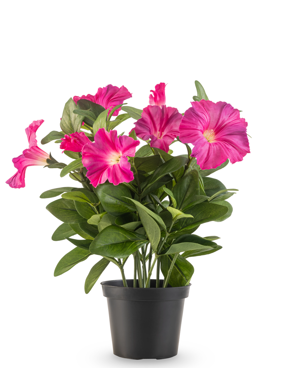 En kunstig blomst Petunia plante UV 25 cm i mørk pink, med brede grønne blade og levende blomster i en sort plastik potte, mod en almindelig hvid baggrund.