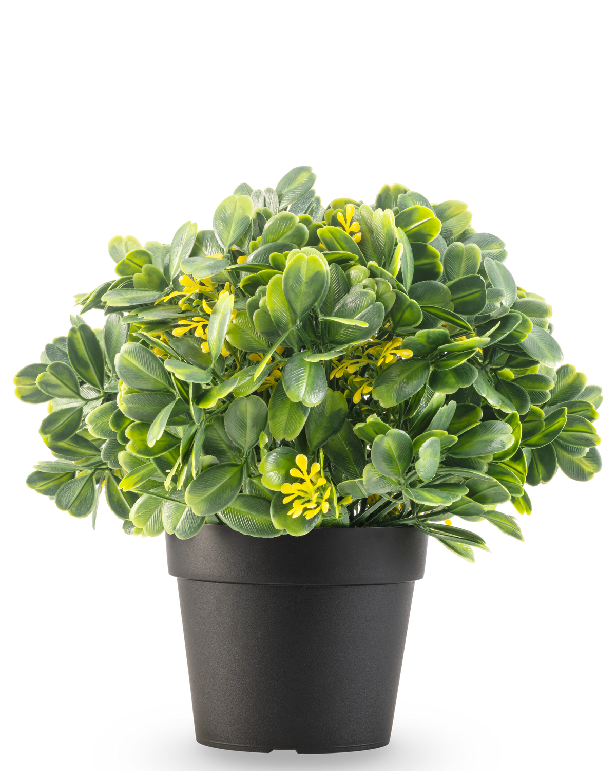 Kunstplanten Grøn/gul UV 21 cm har grønne blade og små gule blomster i en almindelig sort potte, mod en hvid baggrund.