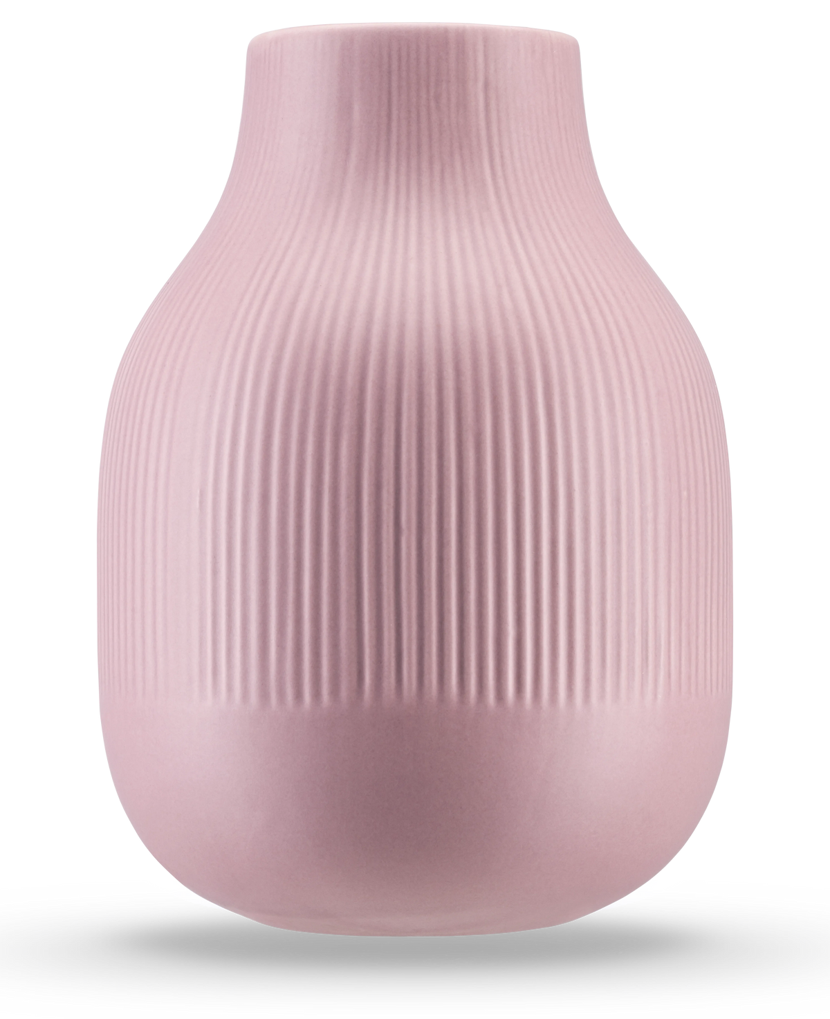 Vase Botan 22 cm old pink er en lys pink keramik vase med en rund base, smal hals og lodret ribbet tekstur på den øverste halvdel. Den matte, glatte finish gør den ideel til moderne møbler.