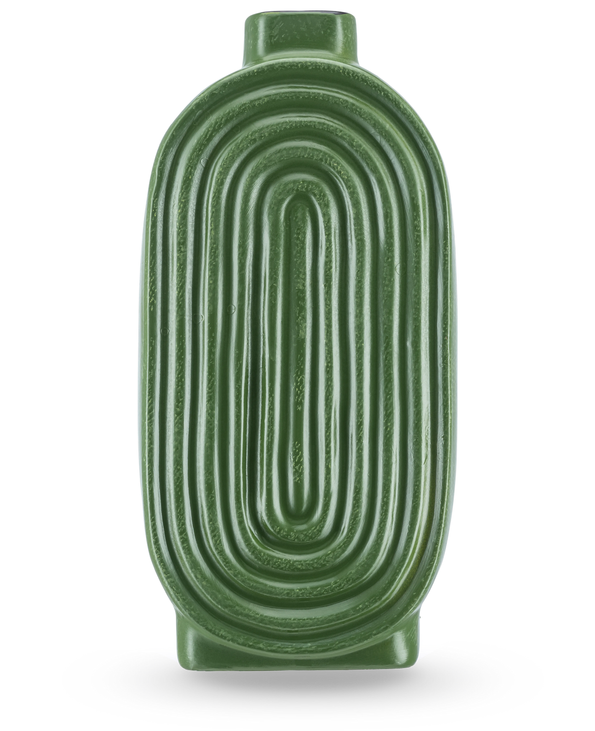 Vasen Breaths 24 cm grøn har en oval, ribbet form og en lille åbning i toppen, ideel som en keramisk vase til kunstige blomster. Står oprejst på en lys baggrund.