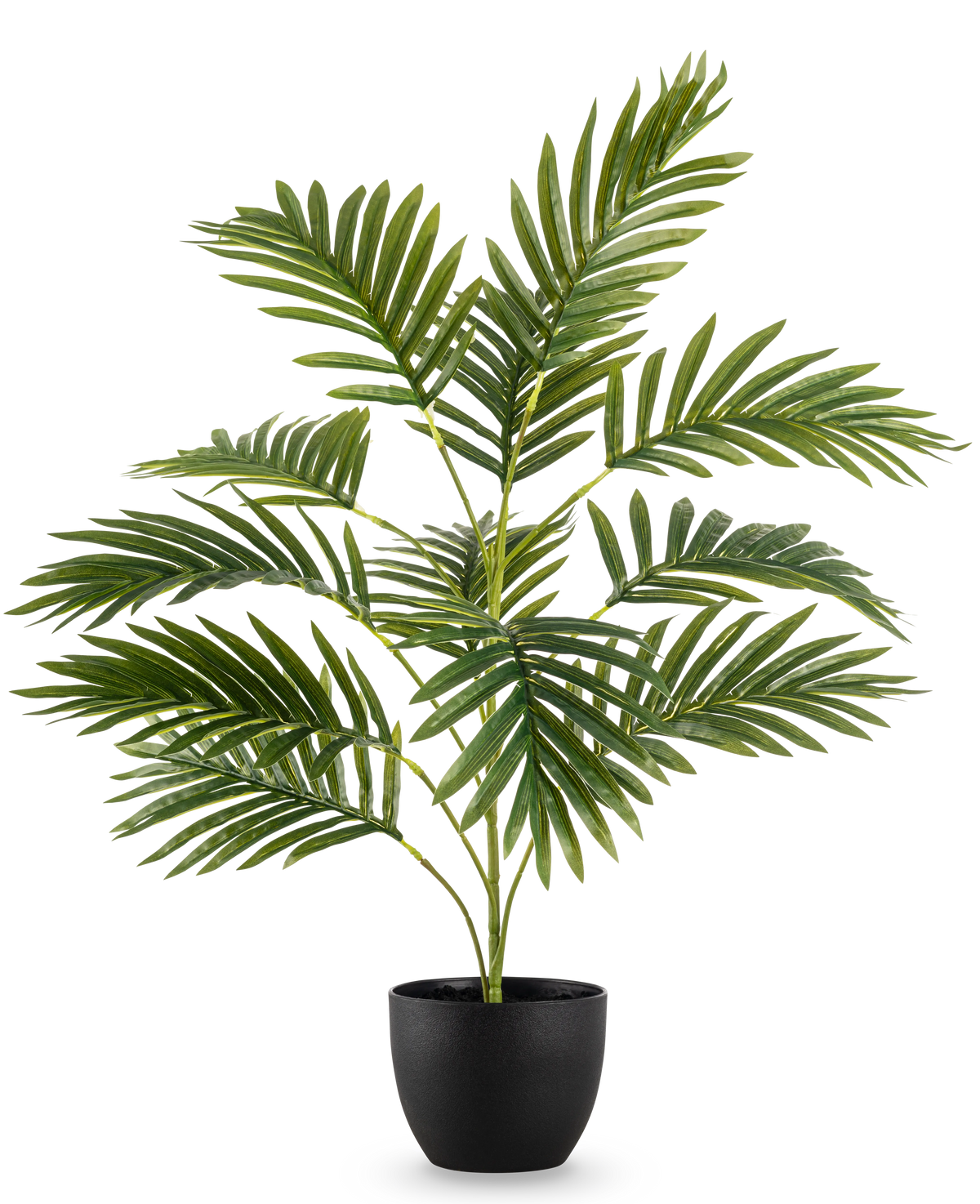 Artificial Palm Phoenix 65 cm, med frodige grønne blade, står i en slank sort dekorativ potte mod en almindelig hvid baggrund.