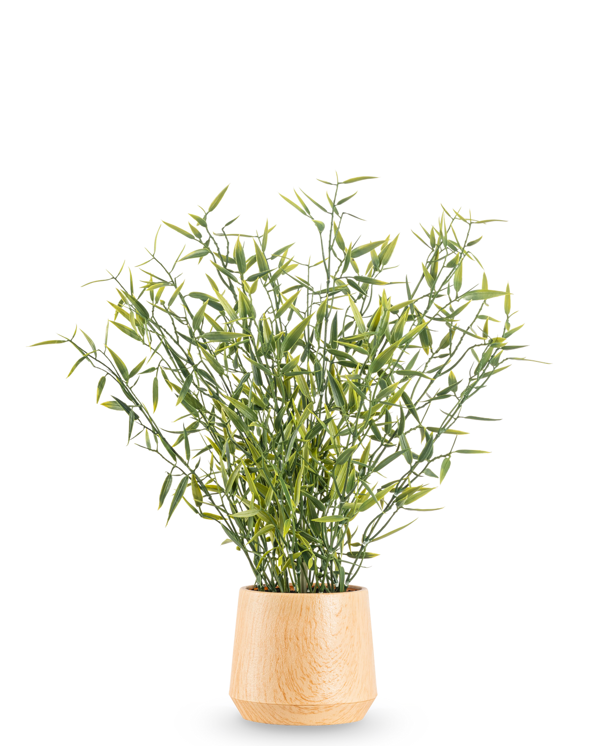 Den Kunstige Plante Bambus 43 cm har grønbladet bambus med slanke stængler i en lys trækrukke, mod en almindelig hvid baggrund.