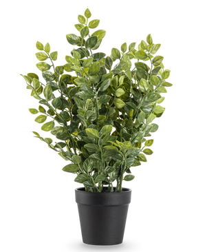 The Artificial Plant Green 35 cm er en realistisk kunstig plante i en potte med frodige grønne blade i en simpel sort potte, afbildet mod en almindelig hvid baggrund.