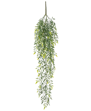 De Kunst hangplant Bamboe 90 cm is een kunstmatige hangende bamboestruik met veel kleine blaadjes aan fijne takken, tegen een effen witte achtergrond.