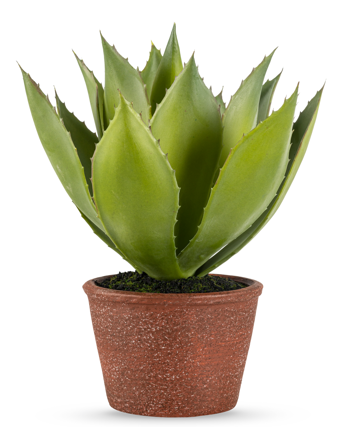Den kunstige planteagave 25 cm har tykke, spidse grønne blade i en rødbrun krukke med tekstur, mod en almindelig hvid baggrund.